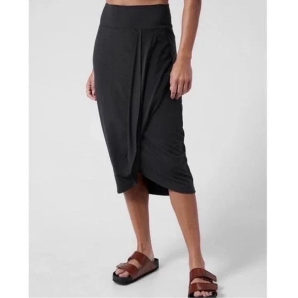 ATHLETA NWOT RELEASE BLACK Draped Wrap-Front Midi Skirt SIZE XL